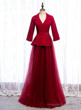 A-Line Burgundy Tulle 3/4 Sleeve V-neck Prom Dress